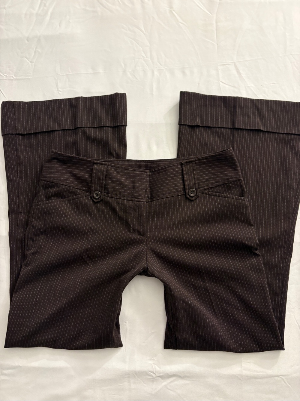 Tracy Evans Brown Pinstripe Flare Trousers Y2K Low Rise Wide Leg Dark Office
